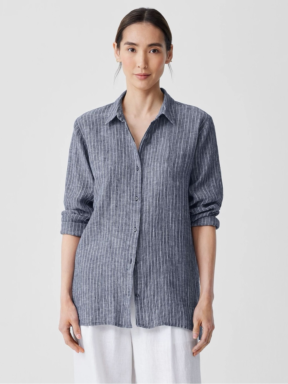 Quince 100% European Linen Long Sleeve Button Down Chambray Stripe Large